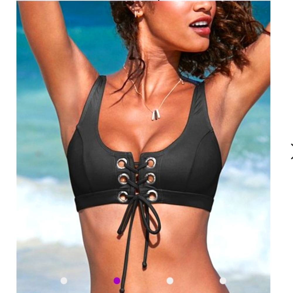 Venus Black Front & Back Lace-Up Grommet 2-Way Bikini Top D